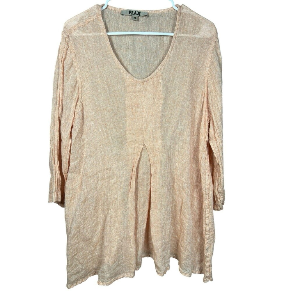 FLAX M Linen Woodstock 3/4 Sleeve Tunic‎ Natural Lightweight Gauzy Lagenlook